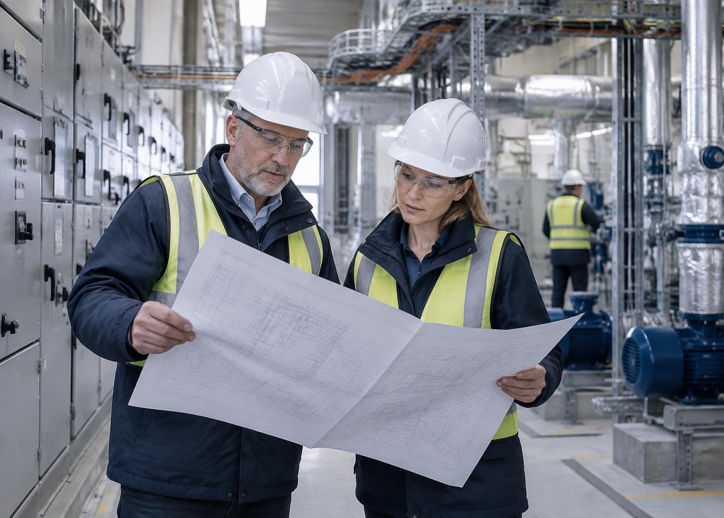 Sinann Projects engineers reviewing technical plans in an industrial plant room